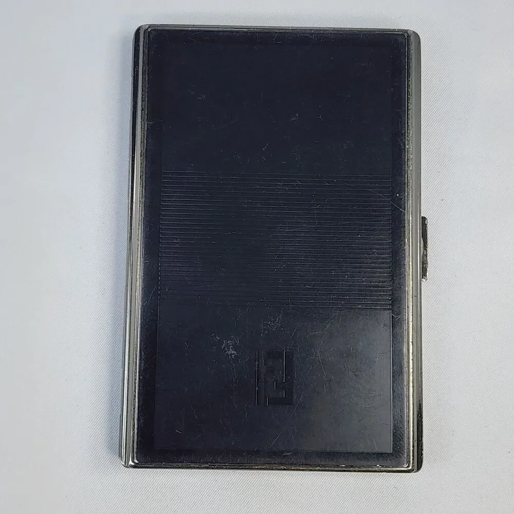 Fendi Zucca Metal Cigarette Case Vintage Card Holder Black Enamel Striped FF